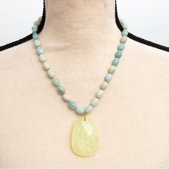 Seafoam jade green color beaded necklace large faceted stone pendant by George - Picture 1 of 13